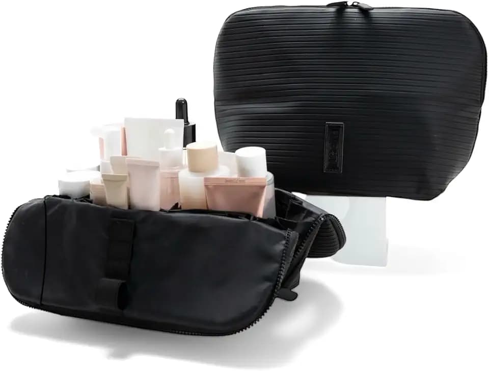 Vertical Waterproof Makeup & Toiletry Bag | 23-Pocket Organizer with Upright, Fold-Down Design for Skincare, Toiletries & Essentials (Onyx)