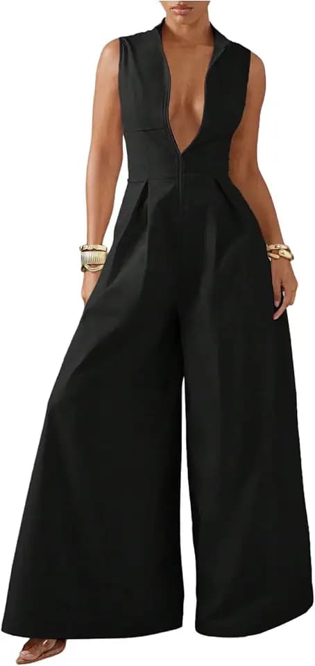SOLY HUX Women's Summer Zipper Front Mock Neck Wide Leg Elegant Jumpsuit