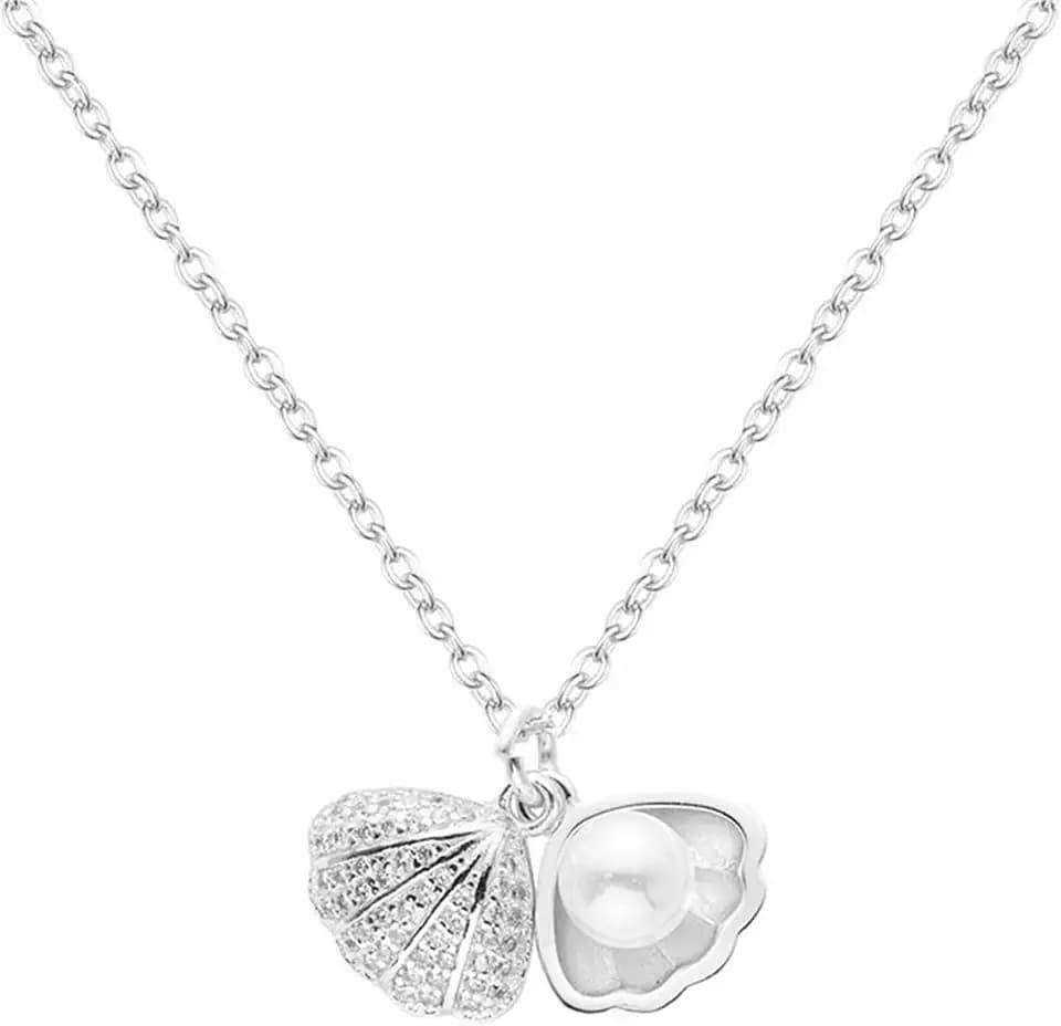 Seashell Pearl Pendant Necklace for Women Gold Silver Plated Bohemian Clamshell Scallop Sea Shell Ocean Animal Chic Rhinestone Cubic Zirconia Chain Necklace for Summer Beach Holiday Jewelry Gifts