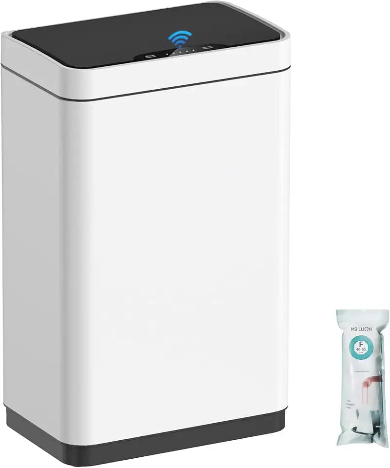 Mbillion Automatischer Mülleimer, 50L, Berührungsloser Sensor, Edelstahl, Intelligenter Mülleimer mit Deckel für Küche, Schlafzimmer, Home Office (Weiß)