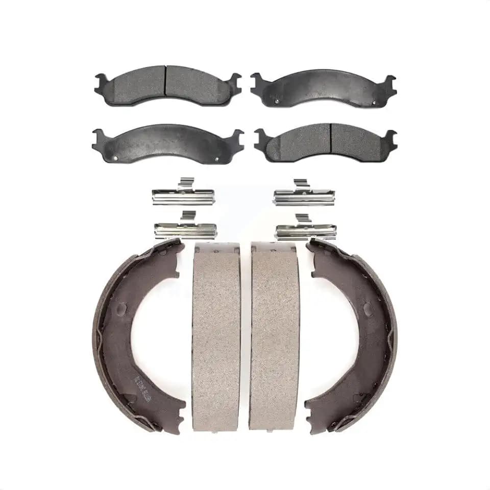 Transit Auto - Front Rear Ceramic Brake Pads And Parking Shoes Kit For Ford Dodge Ram 2500 E-250 Econoline E-350 Super Duty Club Wagon 3500 Van E-450 KTN-100452