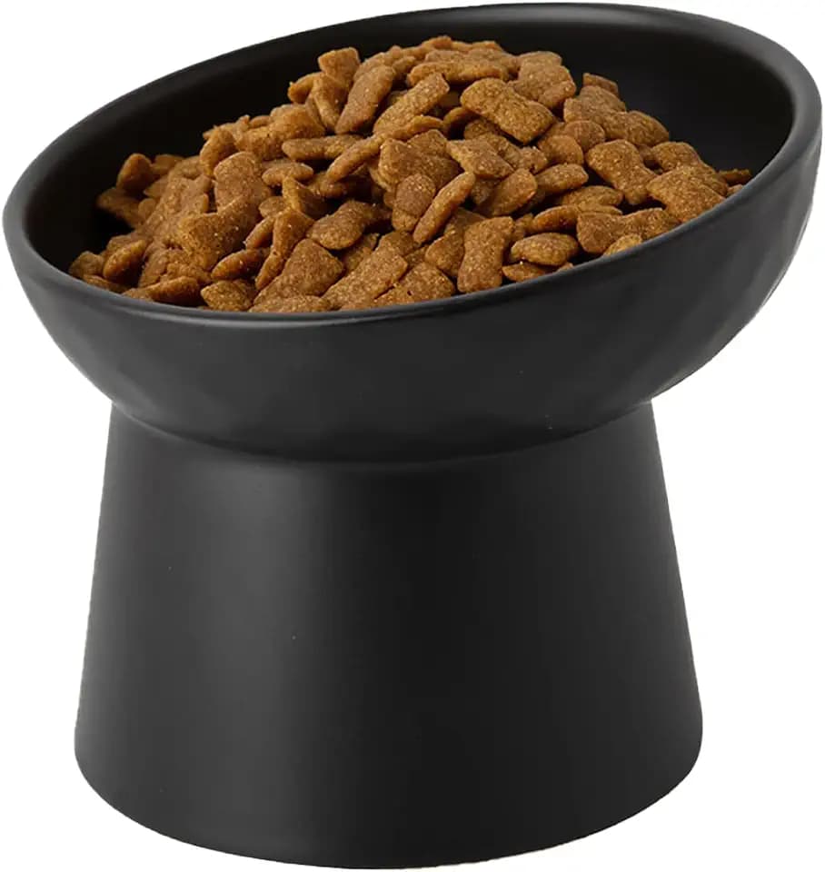 Elevated Cat Bowls, 15° Tilted Ceramic Raised Cat Food and Water Bowl Set, Whisker-Friendly Porcelain Pet Feeder Dishes for Indoor Cats and Small Dogs,Black,5.2 Inch,1 Pack