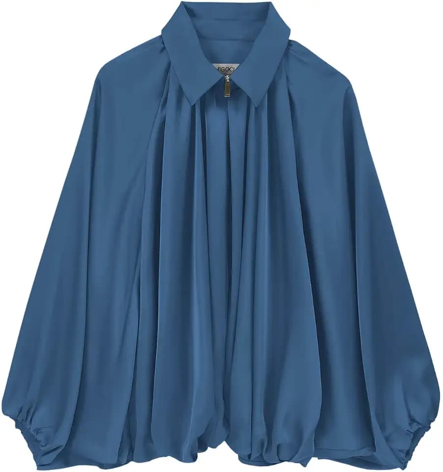 Womens Satin Puffed Bomber Jacket Oversized Batwing Sleeve Pleated Jackets