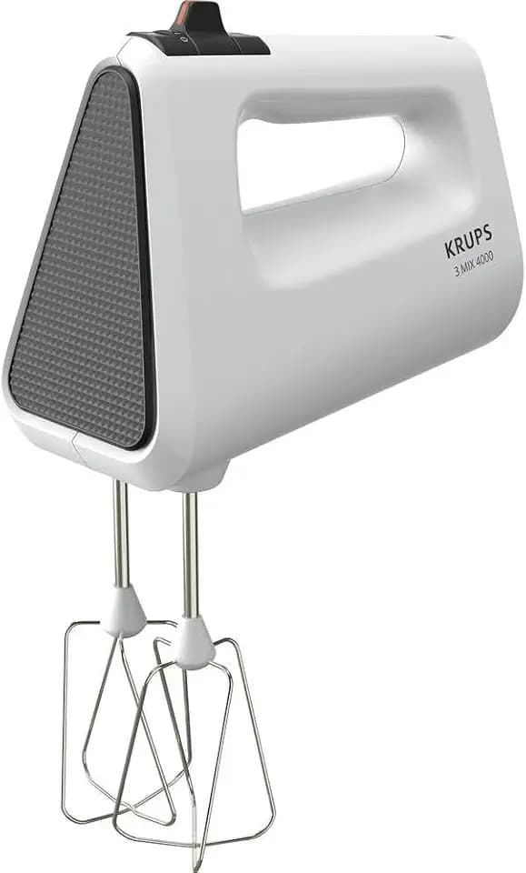 Krups 3 Mix 4000 Handmixer, 450 Watt, robustes Design, variabler Geschwindigkeitsregler, Turbo- und Auswurf-Funktion, inkl. 2 Rührbesen und 2 Knethaken, weiß/grau, GN4001