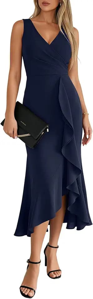 OWIN 2026 Women's Sexy V Neck Sleeveless Faux Wrap Ruched Midi Dress Ruffle Hem Cocktail Party Wedding Guest Bodycon Dress