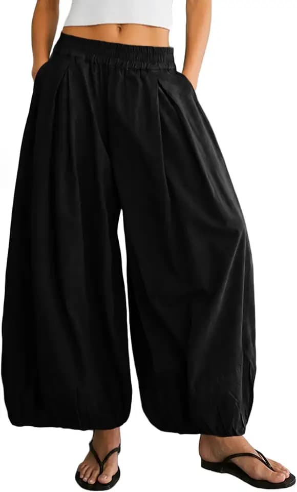 Womens Balloon Pants Wide Leg Barrel Pants Baggy Trousers Elastic Waist Casual Lounge Travel Pants with Pockets