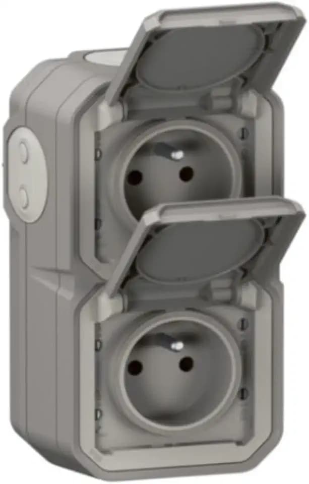 LEGRAND Wasserdichte Doppelsteckdose IP55 mit Erde Plexo – Steckdose 2P + T 16 A komplett mit Klappe – für Aufputzmontage – vertikale Montage – hergestellt in Frankreich – Grau