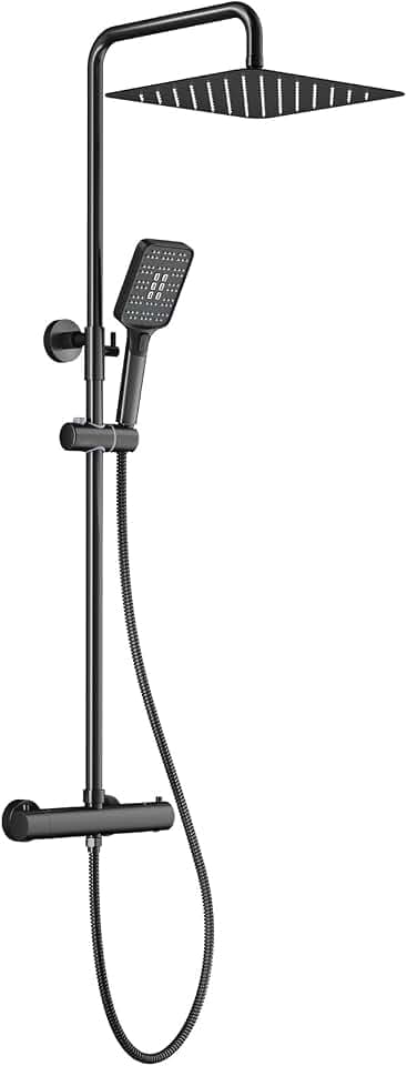 Rainsworth Duschsystem mit Thermostat Schwarz 30x30cm Regendusche