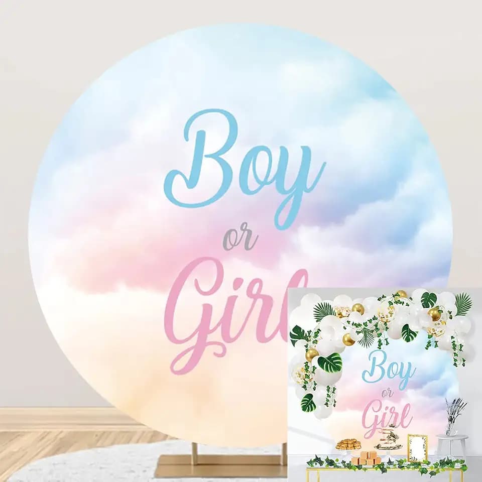 6.5x6.5ft Gender Reveal Round Backdrop Boy or Girl Blue Pink Clouds Photography Background Circle Backdrop Cover Newborn Baby Shower Reveal Gender Party Decoration Photo Booth Props