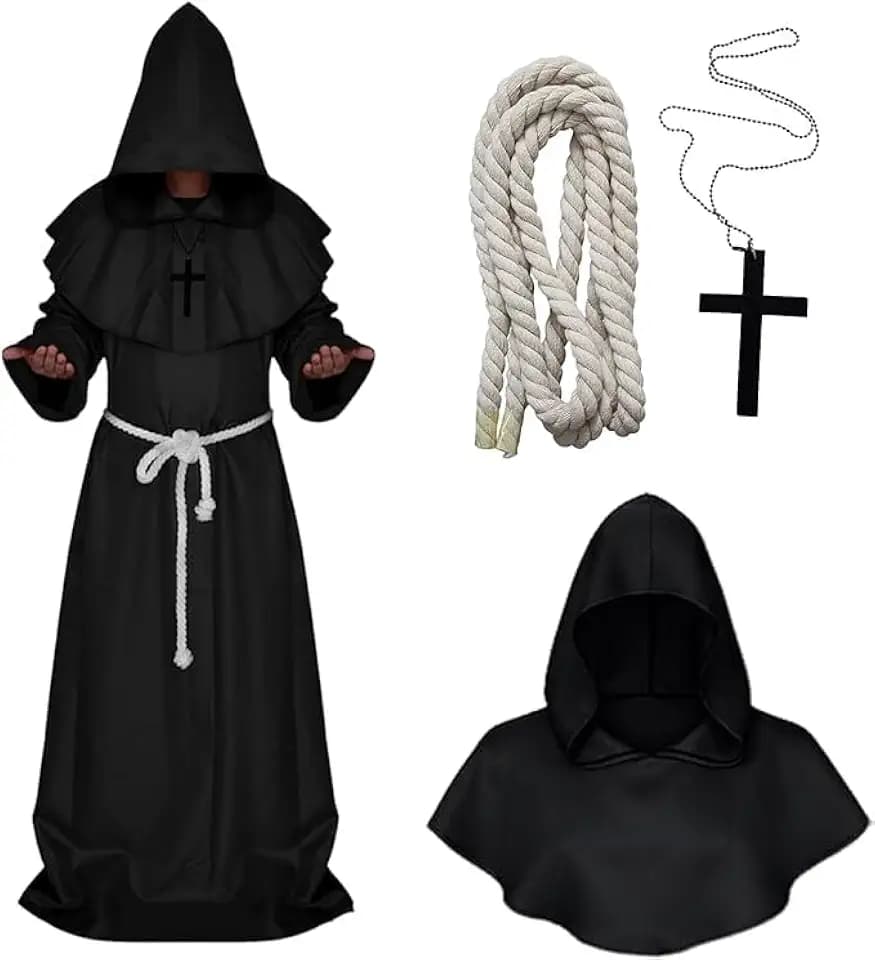 Mönch Priester Gewand, Männer Mönchskutte, Mönch Robe Kostüm Mittelalter Umhang, Robe Mönch Kostüm Herren mit Kapuze und Kreuz,Monk Priester Costume Cosplay für Halloween, Karneval