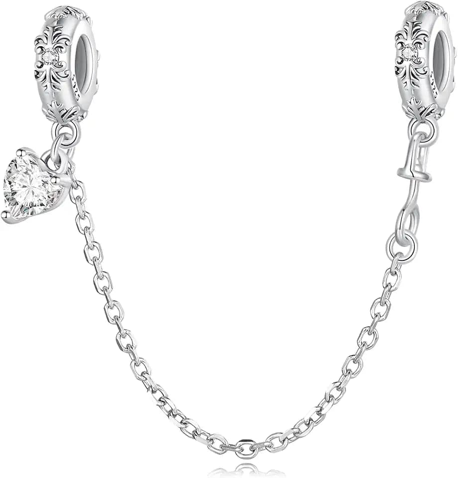 Herz Sicherheitsketten Charm für Pandora Armband, 925 Sterling Silber Retro Muster Silikon Stopper Clip Bead für Damen armbänder
