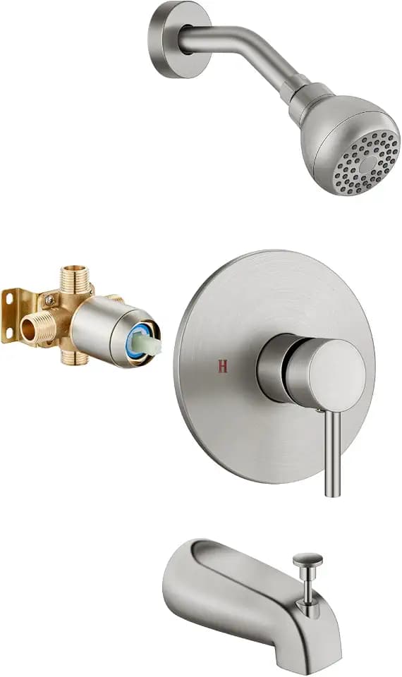 Shower Tub Faucet Set with Valve,Rain Head and Spout,Brushed Nickel