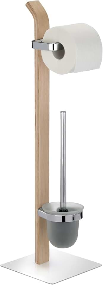 WENKO Stand WC-Garnitur Samona Nature, aus Holz mit Chrom-Akzenten, Toilettenpapierhalter & Toilettenbürste