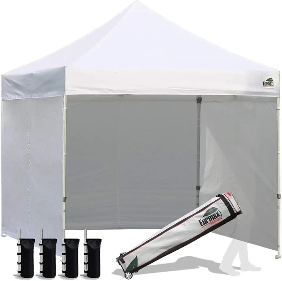 Eurmax USA 8x8 Pop Up Canopy Tent,Commercial Tent with Patented No-Tip Rolling Bag,4 Zippered Removable Walls,UV & Water Resistant Canopy Top,Heavy Duty Outdoor Gazebo,Instant Shelter(White)