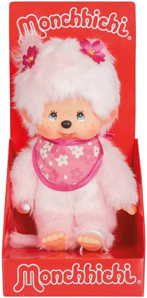 Sekiguchi 767020 - Original Monchhichi Mädchen Kirschblüte, Plüschfigur mit Lätzchen und Zöpfen mit Blumen, ca. 20 cm großes Kuscheltier aus rosa Plüsch