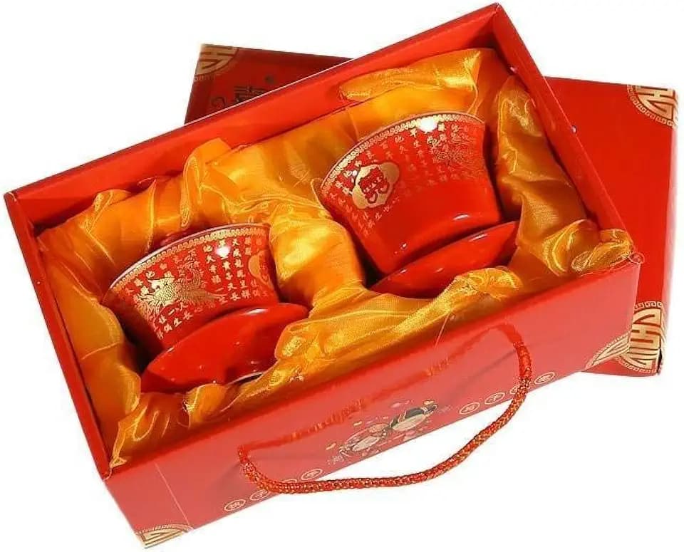 lachineuse – Gaiwan-Tassen-Set – 2 Teetassen aus Porzellan – Farbe Rot mit Drachen- und Phönix-Muster – Teekannen mit Deckel – Chinesisches Geschenkset – Traditionelles chinesisches Geschirr