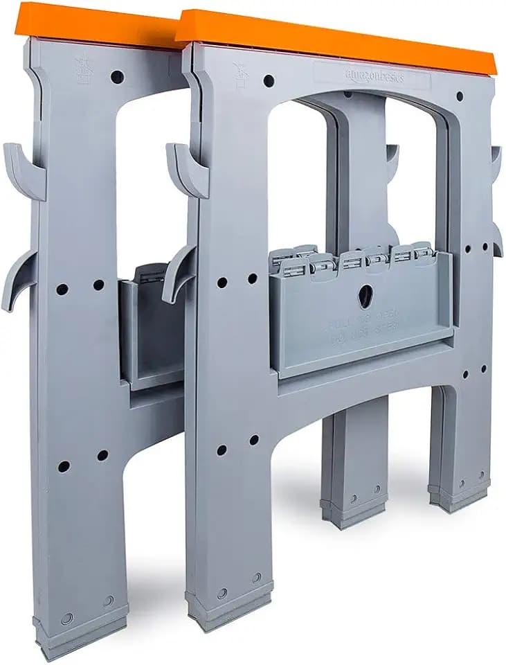 Amazon Basics Sägebock, tragbar, faltbar, rechteckig, 408 kg Kapazität, mit Aufbewahrungshaken, einfach zu bedienen, Grau, Orange, 2er-Pack