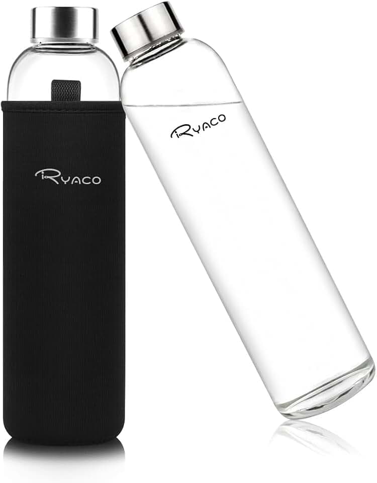Ryaco Trinkflasche aus Glas 550ml/750ml/1000ml/1L,Glasflasche mit Neoprenhülle,Glastrinkflasche mit Schraubverschluss,Wasserflasche Glas für heiße kalte Getränke,spülmaschinenfest