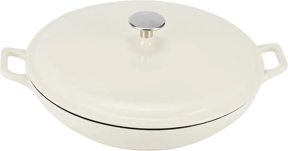 Amazon Basics Oval Schmorpfanne aus emailliertem Gusseisen, mit Deckel, 3,1 L, Weiß