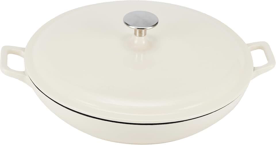 Amazon Basics Enameled Cast Iron - Covered Round Casserole Skillet with Lid, Oven Safe - 500°F, Even Heat Distribution, 3.3-Quart, White