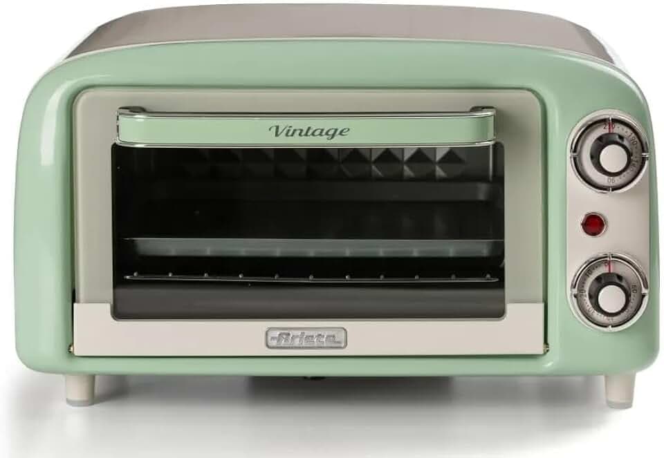 Ariete 3919 Vintage Minibackofen, 10 L Fassungsvermögen, zum Backen oder Erwärmen von Speisen, Temperatur bis 230°C, 60-Minuten-Timer, Edelstahl-Grill, 800W, Doppelverglasung, Grün