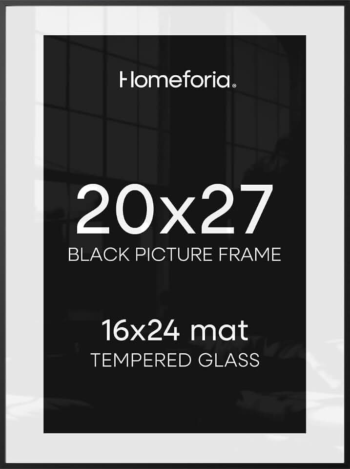 Homeforia 20x27 Black Picture Frame, High-End Metal, 16x24 Mat, Glass