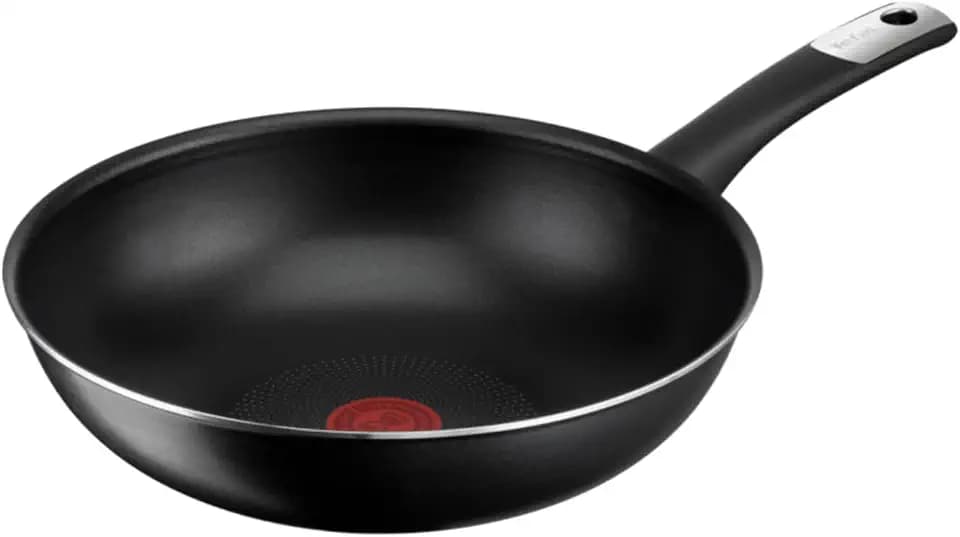 Tefal C38819 Hard Titanium Essential Wokpfanne 28 cm, Antihaftversiegelung mit Titanpartikeln, Thermo-Signal Temperaturanzeiger, spülmaschinengeeignet, Made in France, Schwarz