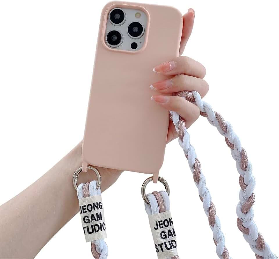 Emlivi Handykette Hülle für iPhone 16 Pro, Necklace Handyhülle mit Kordel zum Umhängen Weich Silikon Nylon Schultergurt Case Cover TPU Stoßfest Schutzhülle mit Band für iPhone 16 Pro, A-Sandrosa