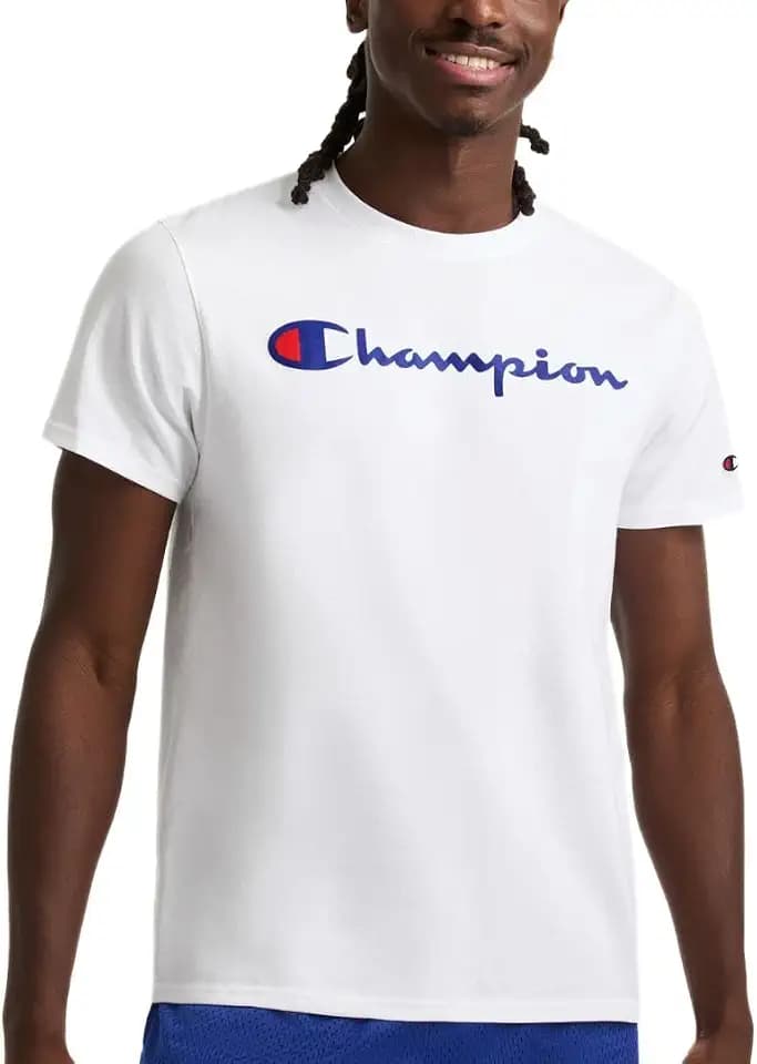 Champion Men's Graphic Short Sleeve T-Shirt, Standard Fit, Classic Script Logo, Midweight 100% Cotton