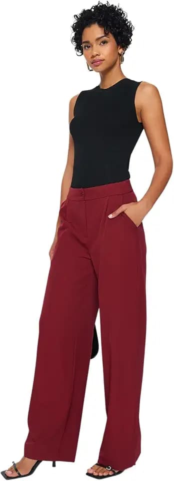 TRENDYOL Damen Gerade Weites Bein Hohe Taille Hose Pants, Burgundy, 38 EU