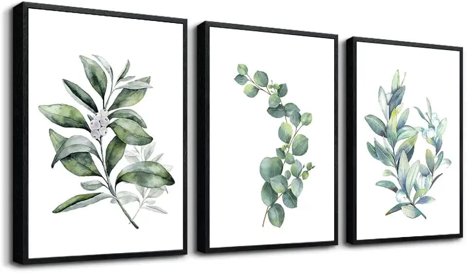 hyidecorart Large Wall Decor Wall Art For Living Room black Framed For Bedroom Room Green Leaves Wall Paintings Office Decor Wall Pictures Kitchen Wall Decoration Set Of 3 Piece Framed Prints Art
