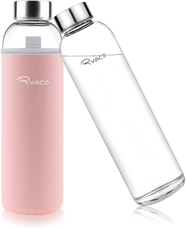 Ryaco Borosilicate Glass Water Bottle 33oz/1L/1000ml BPA-Free Leak Proof Ideal for School Home Office Travel Sport Yoga Gym Hot Cold Drinks with Portable Neoprene Carrying Sleeve and Sponge Brush