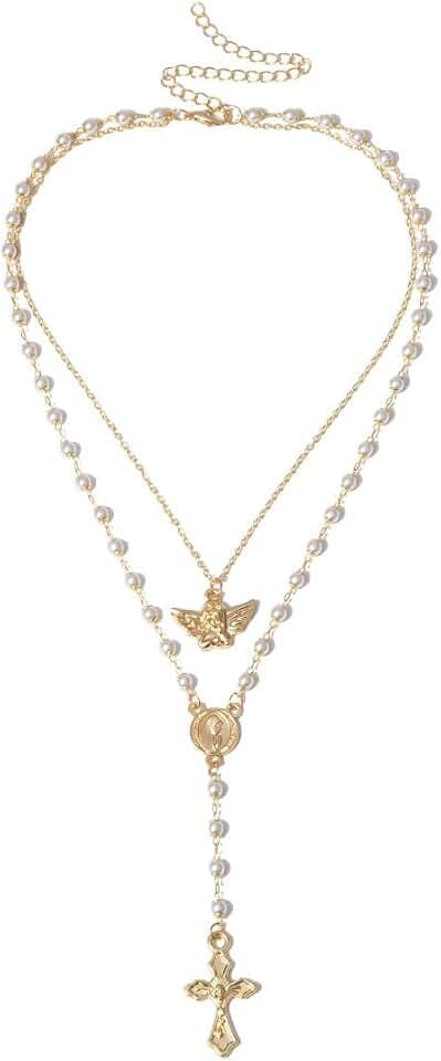 Angel Wing Heart Cross Geometric Beaded Pendant Necklace For Women Vintage Boho Gold White Y Necklace Layered Chain Adjustable Rosary Tassel