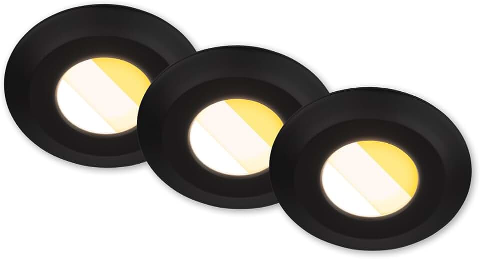 BRILONER - 3er Set LED Bad Einbaustrahler 230V Gehäuse 50% recycelt, Farbtemperaturwechsel, Dimmbar, IP44, Ra90, LED Spot, flach, Decke, Einbauleuchten, Badezimmer, 68mm, 90x30mm (DxH), Schwarz