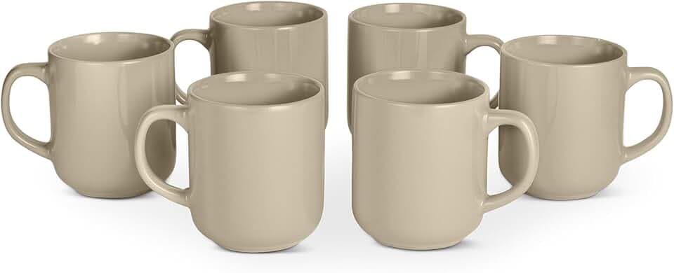 Amazon Basics Glasierte Steingut-Kaffeebecher, 6-Teiliges Set, 473,2ml, Mikrowellen- und Spülmaschinenfest, Leinengrau