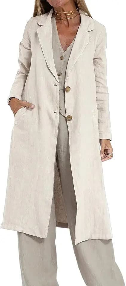 IDEALSANXUN Womens Long Linen Blazer Jackets Casual Lightweight Trench Coat