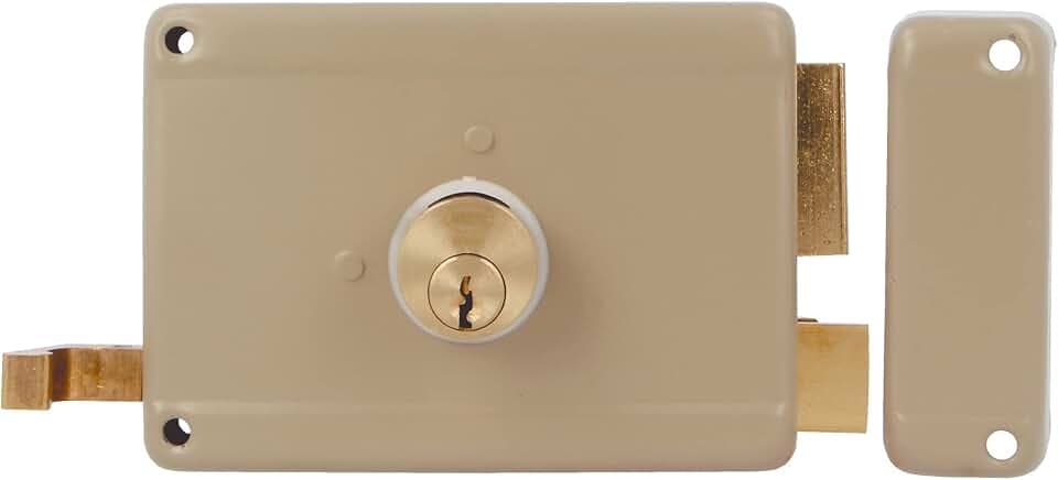 Amig - Aufschraubschloss DIN rechts mit Schließhebel, Falle und Ziehgriff für Holztüren Mod. 78-120 x 85 mm - Riegel mit rundem Zackenzylinder - Stahl beige