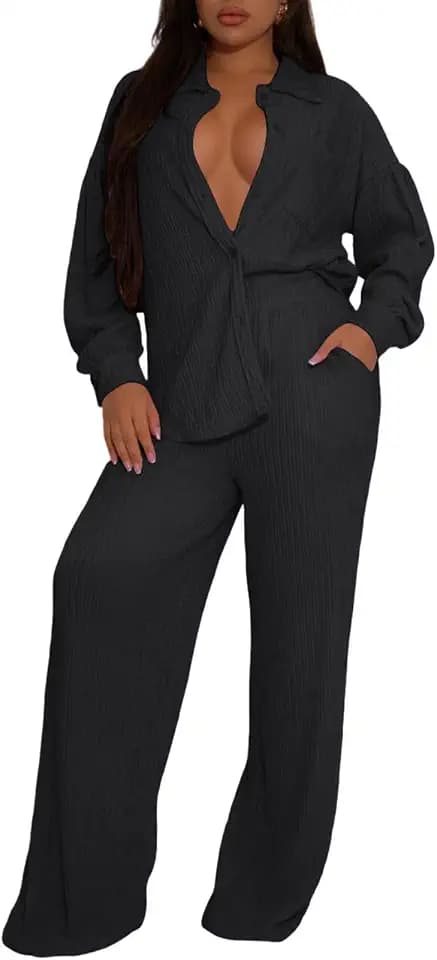 Ophestin Women 2 Piece Outfits Button Down Shirt Wide Leg Pants Sets