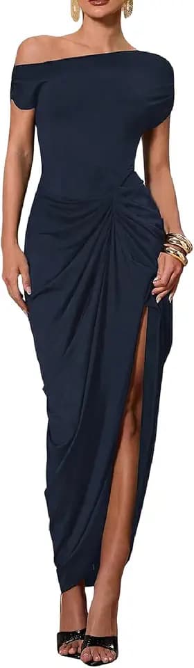 Floerns Women's Elegant Long Dress Asymmetrical Off Shoulder Ruched Slit Bodycon Cocktail Dresses