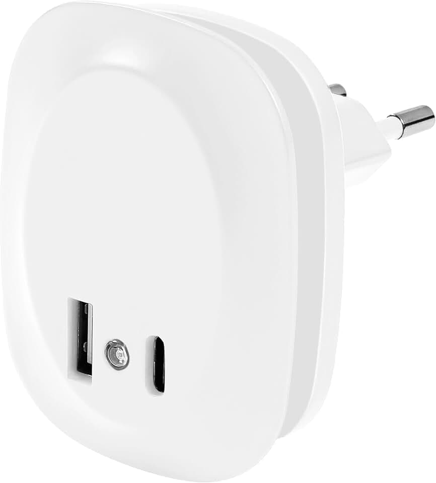Osram LUNETTA EDGE Steckdosen-Nachtlicht, weiß, 0,35W, 10lm, warmweißes Licht, Tageslichtsensor, USB-A & USB-C Anschluss, LED-Technologie, Ladefunktionalität, lange Lebensdauer, IP20, 3000K