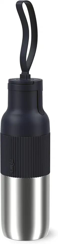Emsa beYou Flip Isolier-Trinkflasche, 0,5 Liter, mit Flip-Verschluss und Trageband, 100% dicht, spülmaschinengeeignet, für Reisen, unterwegs, Büro, für Kohlensäure geeignet, Schwarz, N3120100