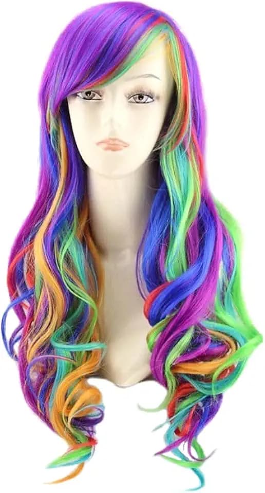 Perücke Bunt Lang Wellig – Regenbogen Perücke Hitzebeständig für Damen