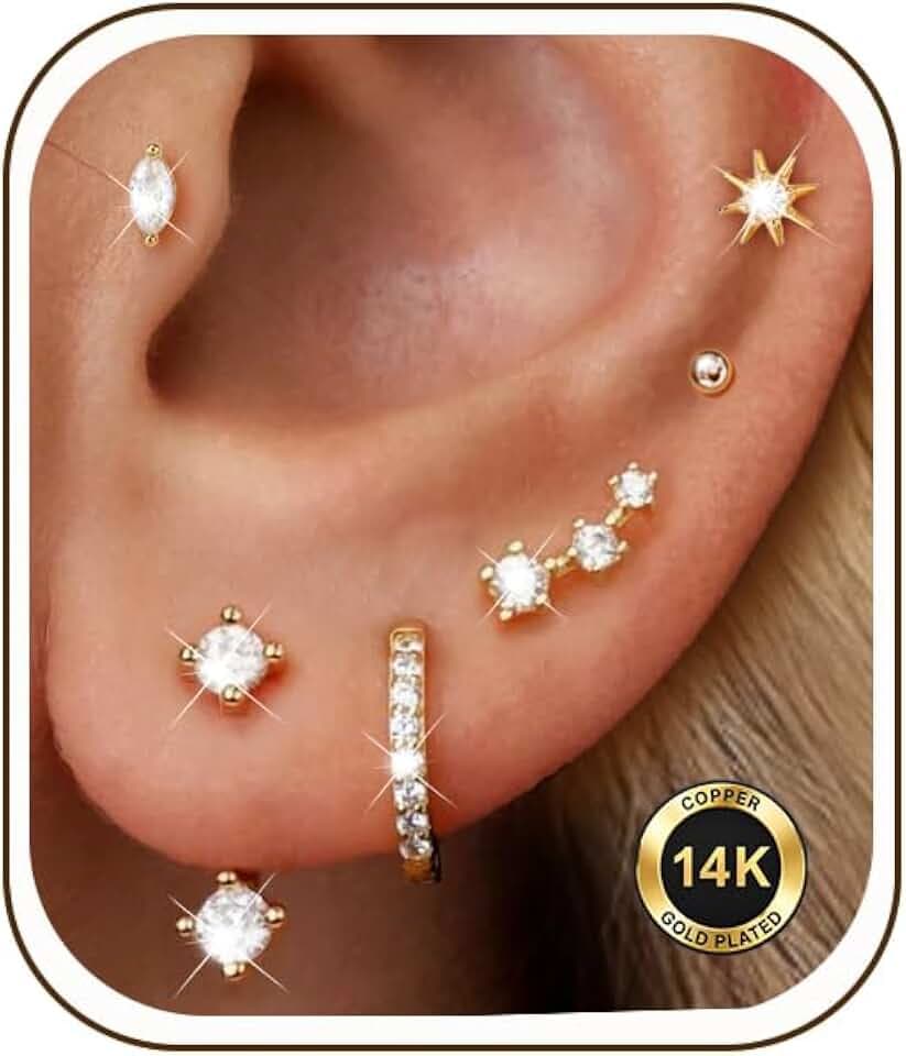 6 Pairs 14K Gold Plated Stud Earrings for Women, CZ Cartilage Stack Set