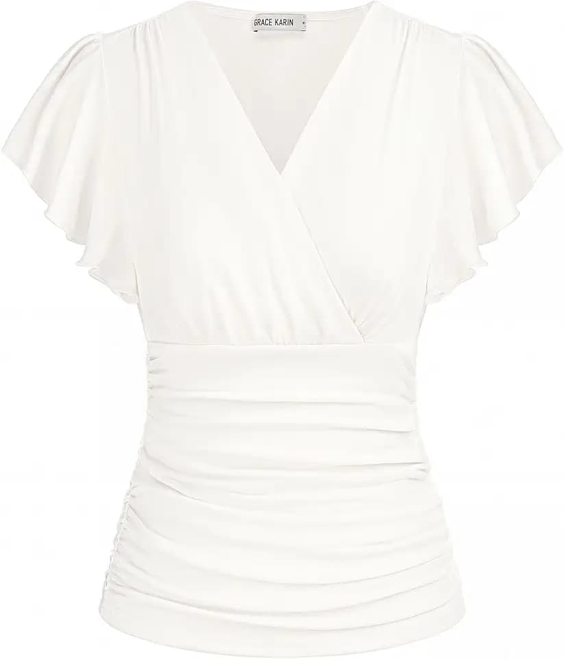 GRACE KARIN Damen Rüschen Bluse V-Ausschnitt Kurzarm Oberteile Elegant Plissee-Top Slim Fit Wickelbluse