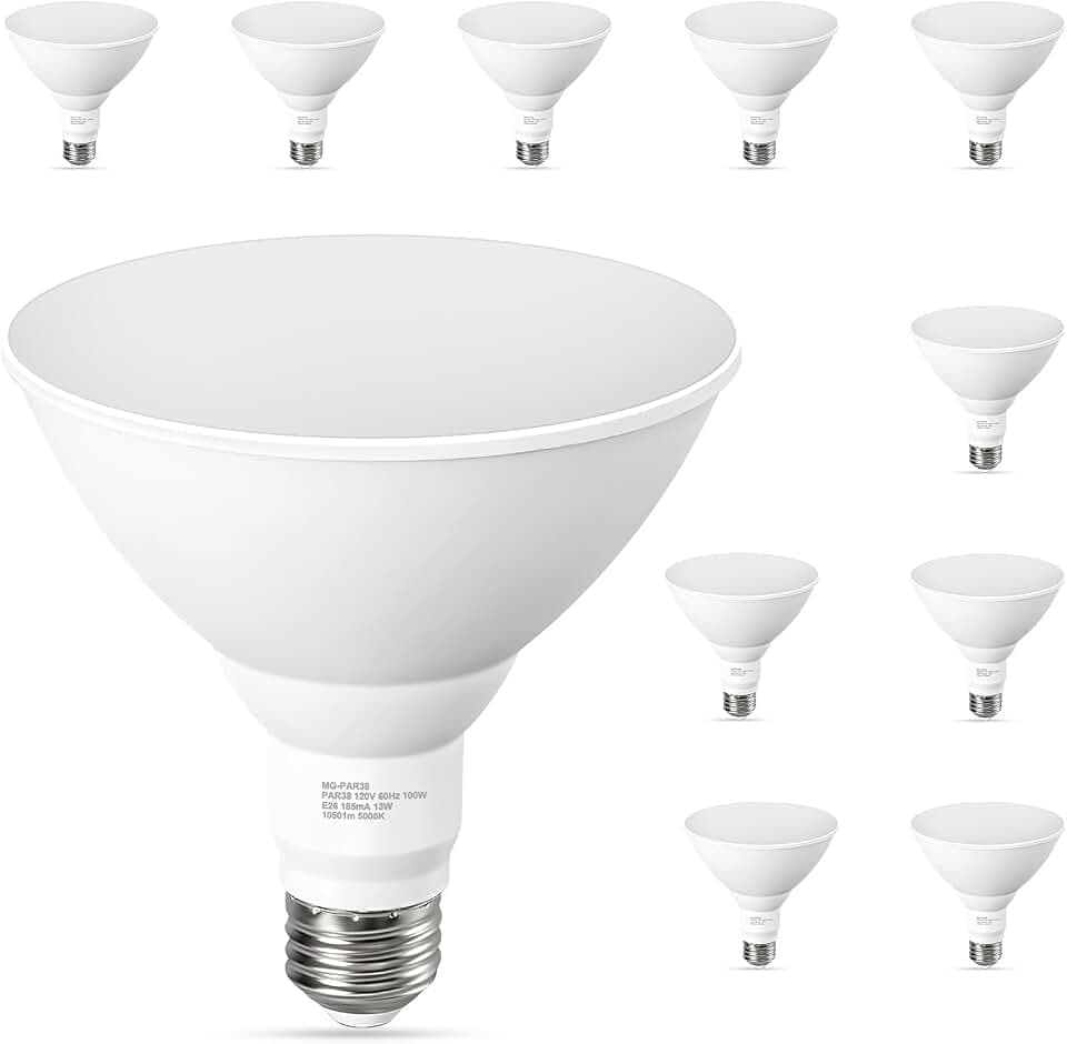 GvvooHome 10 Pack PAR38 LED Flood Light Bulbs Outdoor, 100W Equivalent, Daylight White 5000K, 1050LM, 13W Dimmable, Waterproof LED Floodlight for Porch Yard Garage, E26 Base, 15,000 Hrs