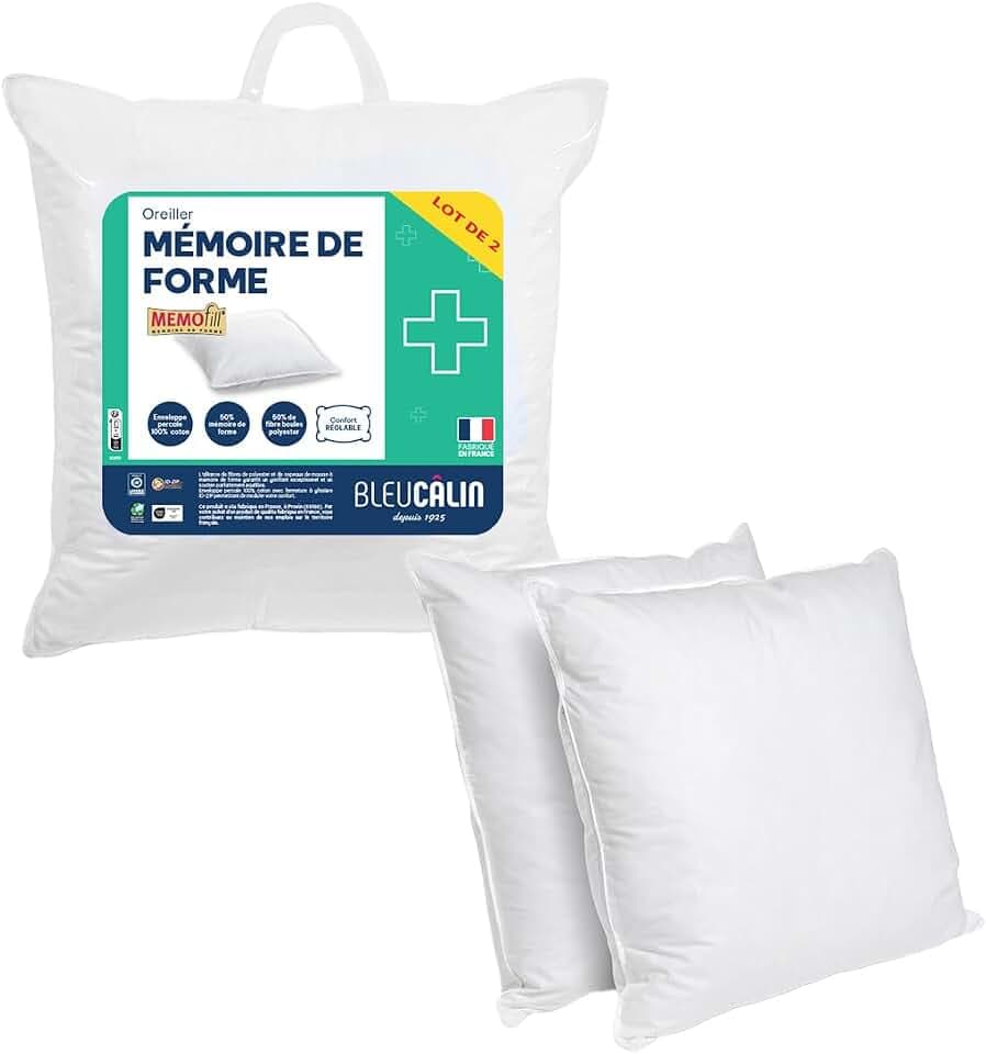 Bleu Câlin 2er-Set quadratische Kopfkissen, Stege aus Memory-Schaum und Polyesterfaser, Hülle aus Baumwolle, weiß, 60 x 60 cm