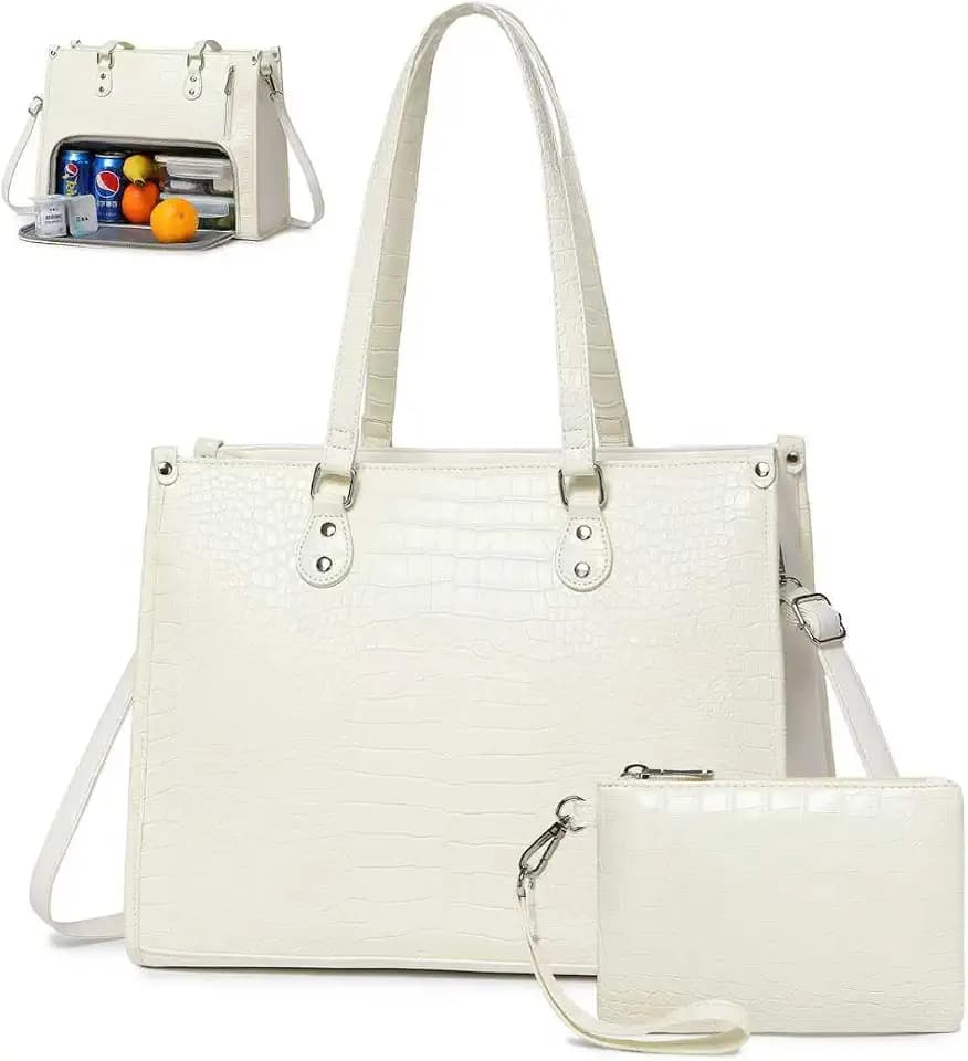 Lunch Tote Bag with Insulated Compartment for Women Daily Work, PU Leather Laptop Bag with 15.6 Inch Computer Compartment