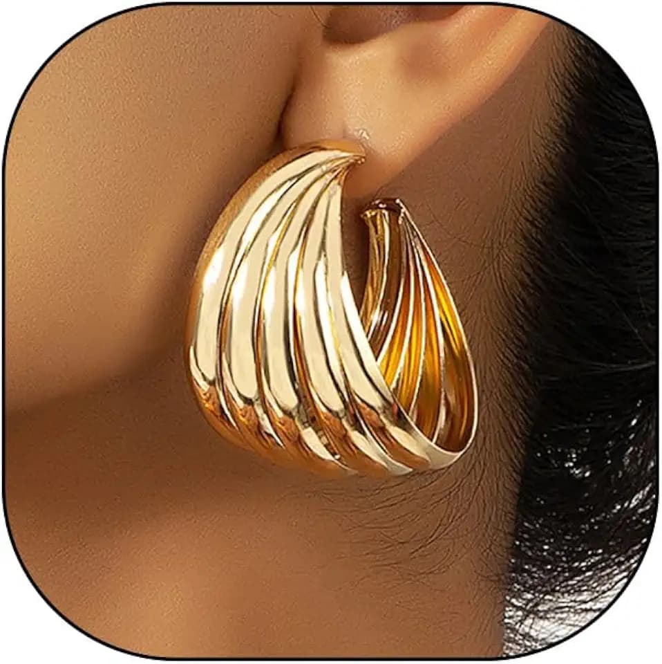 Gold Chunky Statement Earring for Prom Party,Oversized Exaggerated Dangle Earrings for Formal Evening Dress,Metal Thick Hoop Earrings for Women