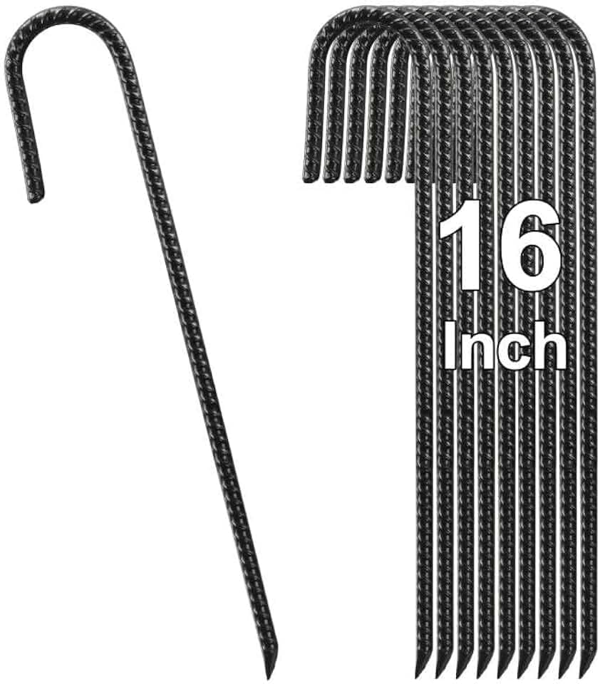 Rebar Stakes 16 Inch, Ground Stakes 10 Pack, J-Shaped Tent Stakes Heavy Duty Ground Anchors, Metal Garden Stakes for Fence, Trampoline, Landscape