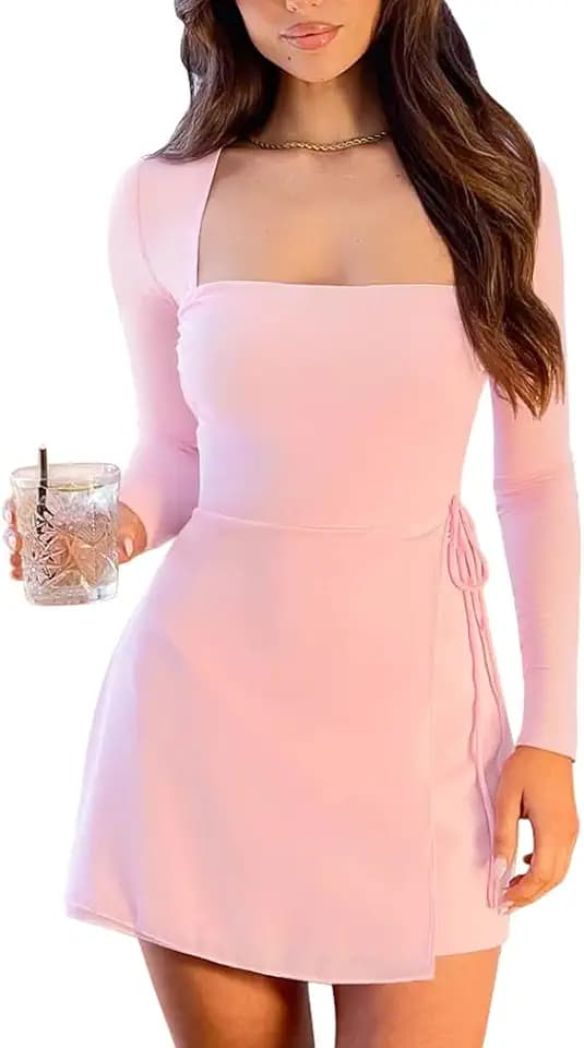 XXTAXN Womens Sexy Long Sleeve Square Neck Bodycon Mesh Mini Dress Pink